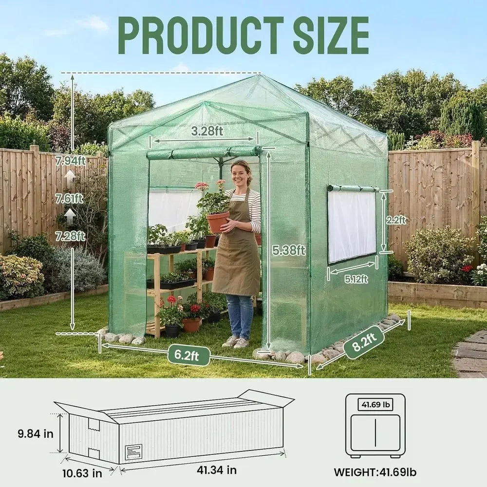 Portable 8x6 Greenhouse for Outdoor Gardening with Steel Frame, PE Cover, Roll-Up Door, and Mesh Vent Windows - Green