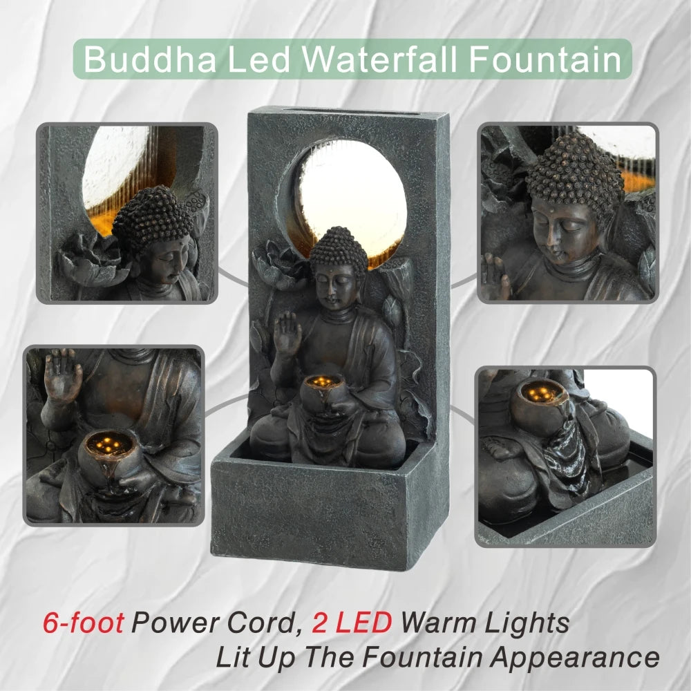 28" H Outdoor Buddha Waterfall Fountain, Freestanding Relaxing Water Feature, Asian Zen Fengshui Decor for Patio, Garden, Backyard, Deck & Home, Ideal Gift Led Fountain