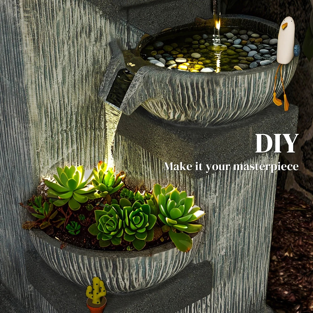 33.5" Outdoor Water Fountain, 4-Tier Floor Standing Resin Cascading Bowls Waterfall Fountain with LED Lights, Pump