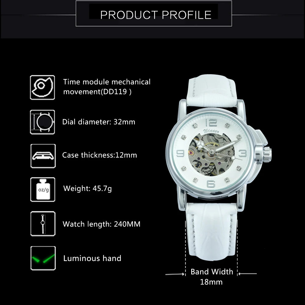 WINNER Fashion Elegant Mechanical Watch for Women Luminous Hands Business Classic Ladies Watches Top Brand Luxury Leather Strap