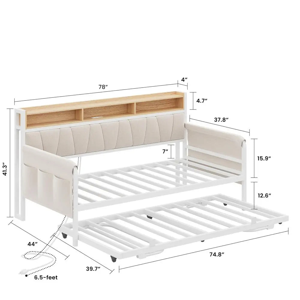 Daybed with Trundle Bed, Twin Bed Frame with Upholstered Storage Headboard and Charging Station, Sofa Day Bed with Strong Suppo