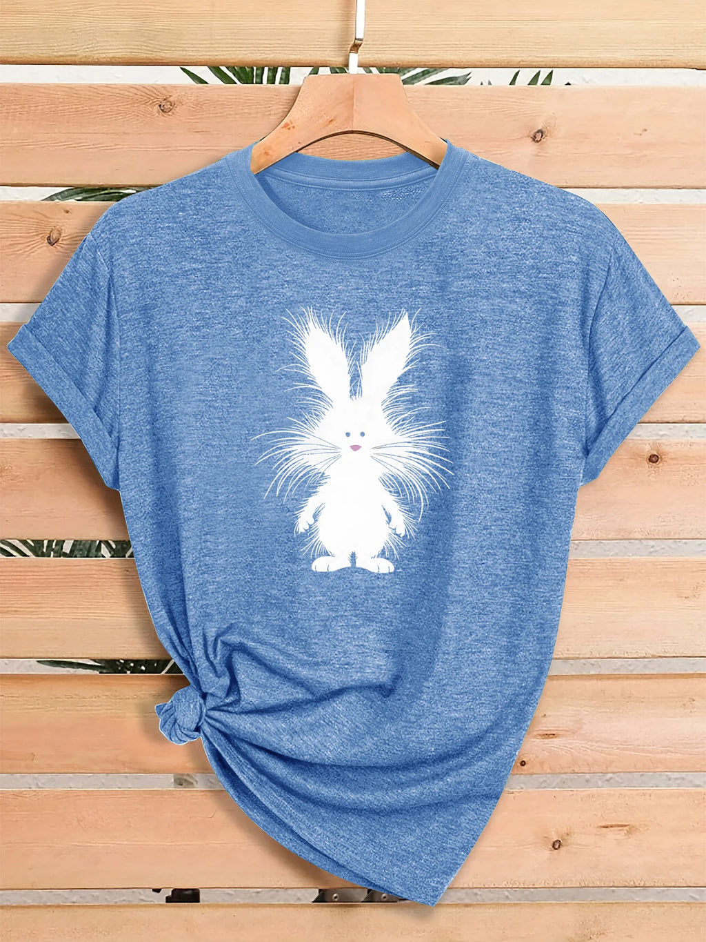 Women Fluffy White Bunny Rabbit Graphic T Shirt Cute Cartoon Animal Easter Spring Short Sleeve Crew Neck Heather Pink Casual Tee Tops