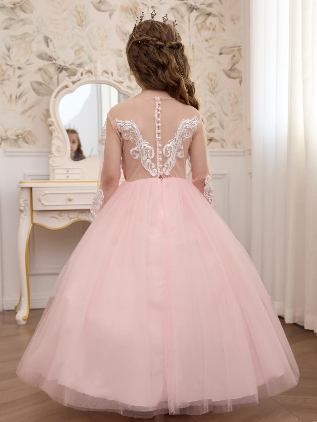 Junior Bridesmaid Dress for Girls, Pink Tulle Lace Backless Formal Gown, Elegant Wedding Party Outfit with Pearl Detail