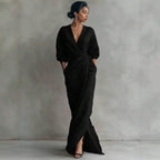 Elegant Solid Color V Neck Long Sleeve Wrap Midi Dress With Side Slit For Women