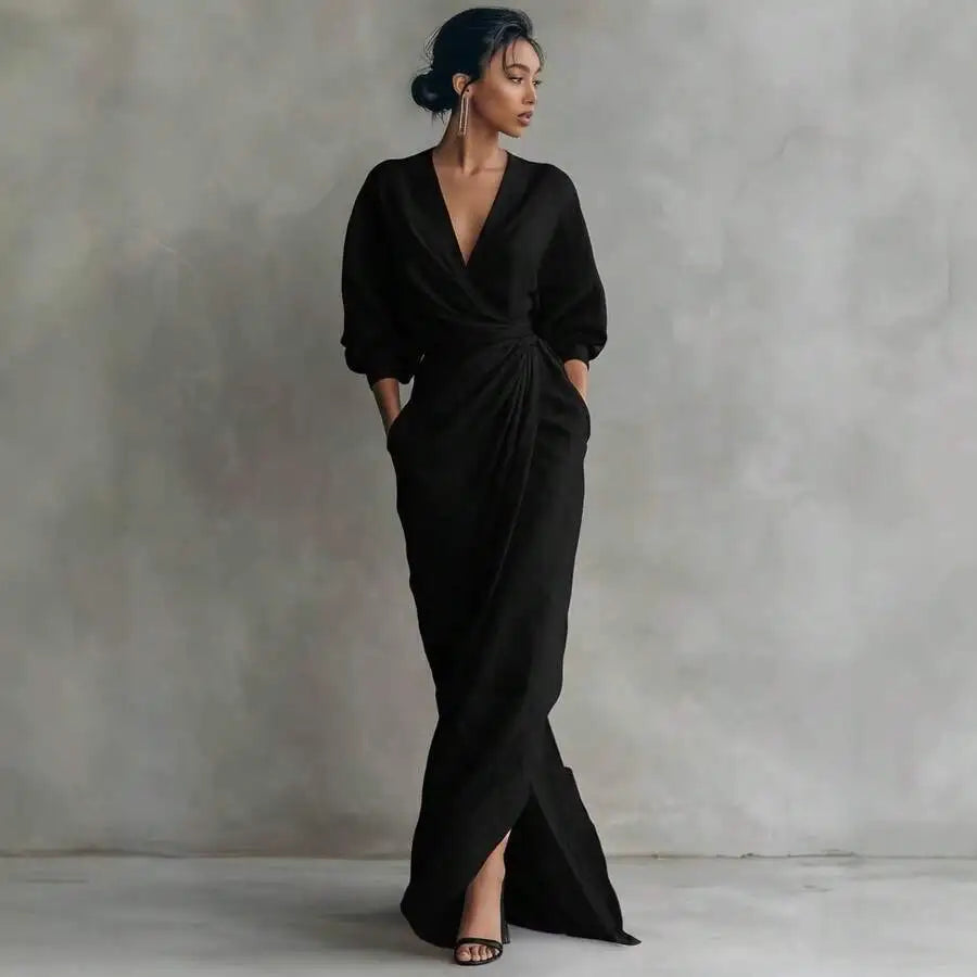 Elegant Solid Color V Neck Long Sleeve Wrap Midi Dress With Side Slit For Women