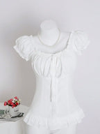 Womens Summer Solid White Ruffle Short Sleeve Blouse