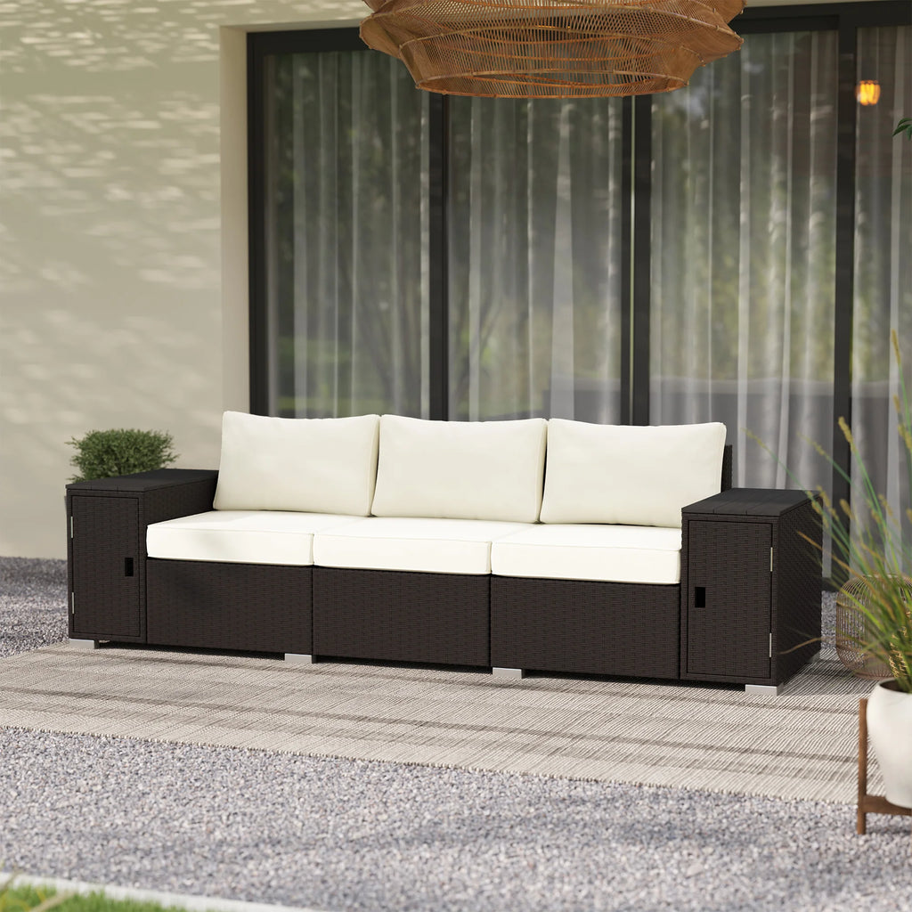 Wicker Outdoor Couch with Storage, Thickened Cushions, 3 Seater Patio Sofa with Wide Armrests and Seat for Porch, Garden, Yard, Cream White