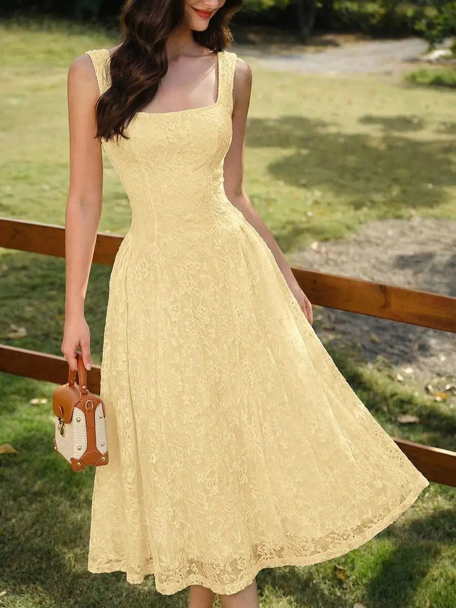 Elegant Lace Square Collar A-Line Midi Dress For Summer Wedding Guest Party