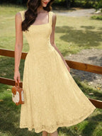 Elegant Lace Square Collar A-Line Midi Dress For Summer Wedding Guest Party