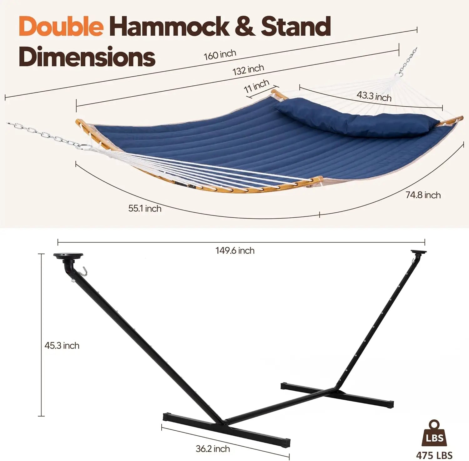 Outdoor 2 Person Hammock with 12 ft Stand and Solar Powered Lights in Dark Blue, Portable