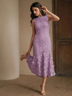 Womens Elegant Round Neck Lace Hollow-Out Patchwork Midi Dress Spring Summer