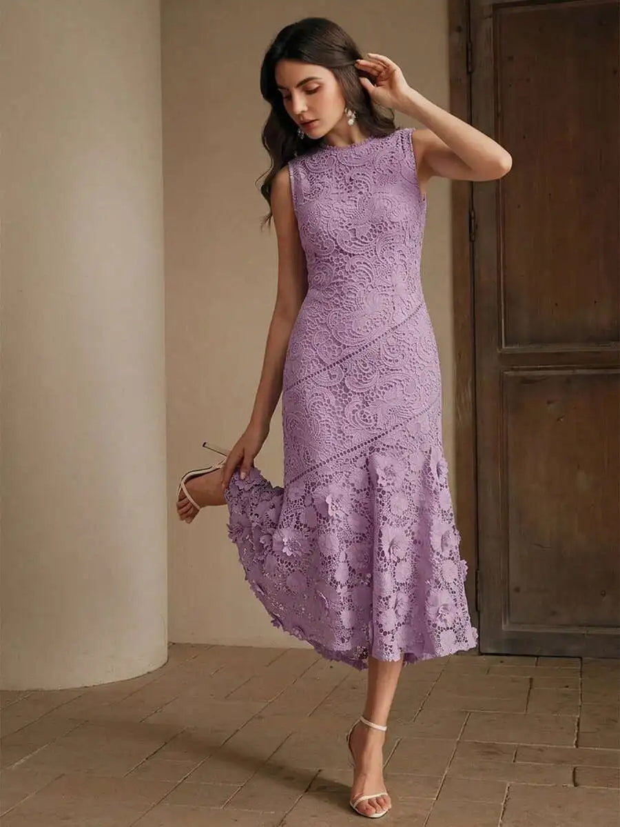 Womens Elegant Round Neck Lace Hollow-Out Patchwork Midi Dress Spring Summer