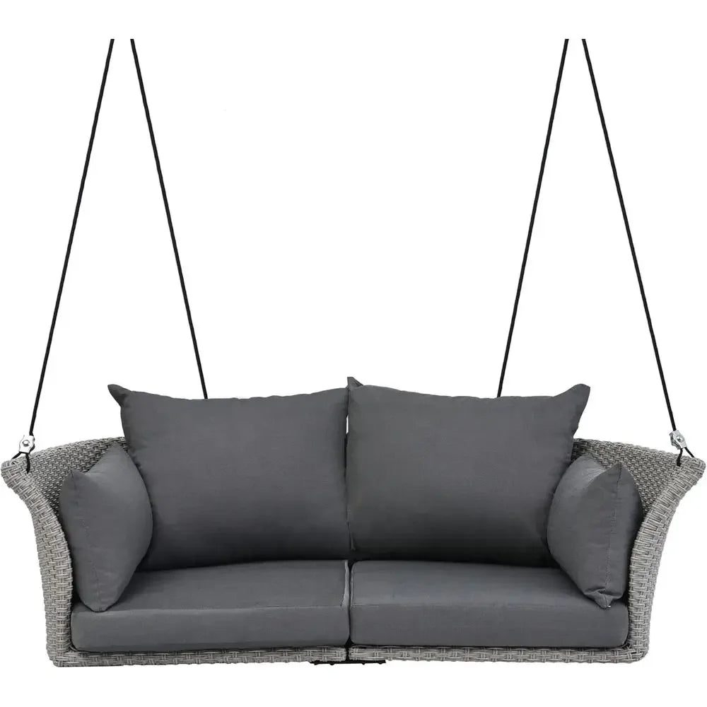 2-Person Rattan Swing Chair with Cushion, Adjustable Hanging Rope for Porch, Lawn, Garden, Backyard, or Patio (Gray)