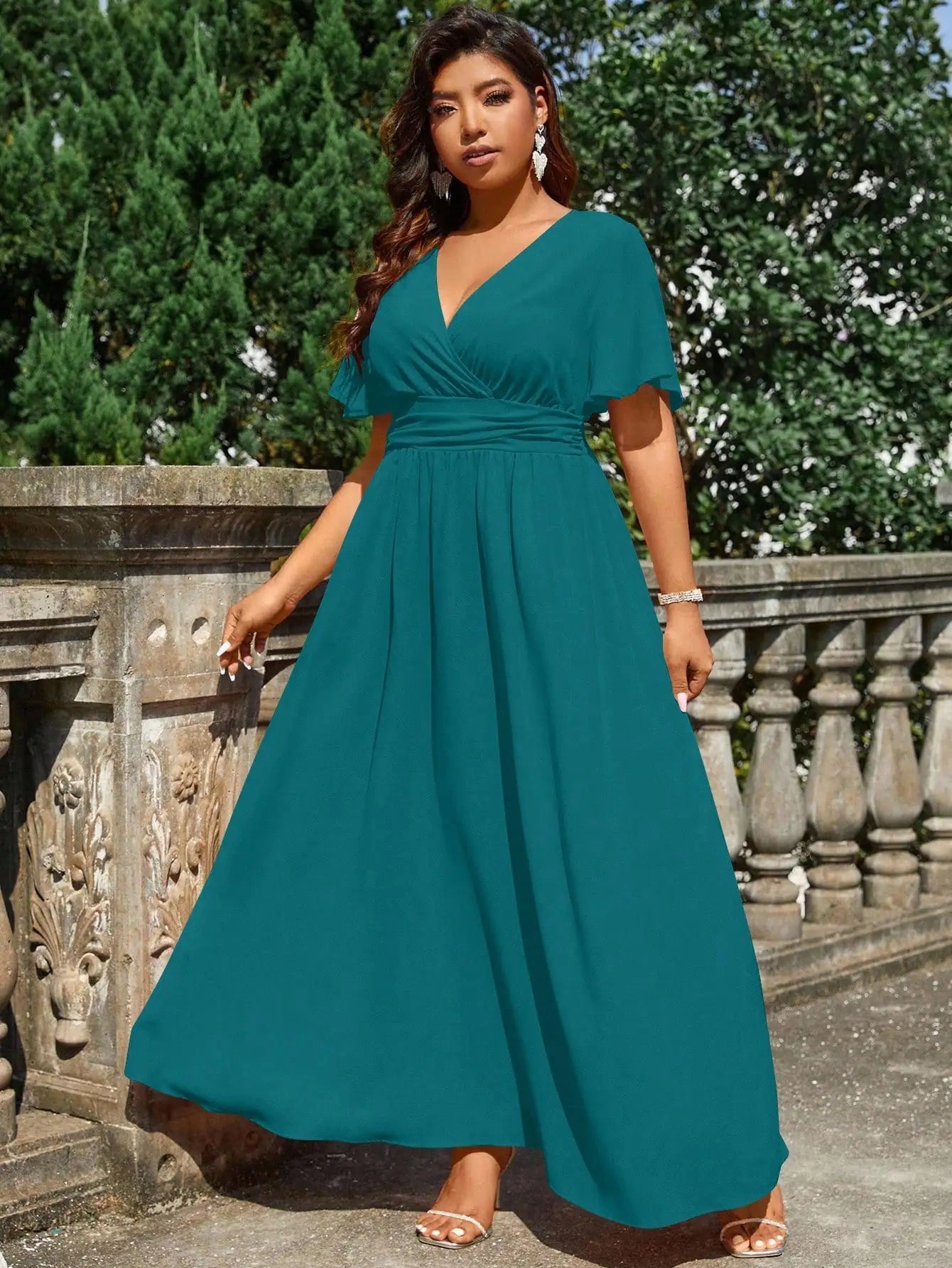 Plus Size Solid Color Wrap V-Neck Maxi Dress For Wedding Formal Occasion