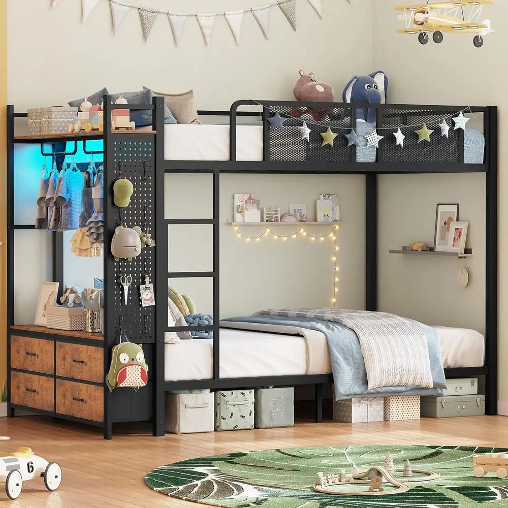 Itaar Metal Bunk Bed Twin Over Twin with Hall Tree, Power Outlet, LED Bunk Bed with 4 Storage Ders, Bed with Saety Guardrail & L