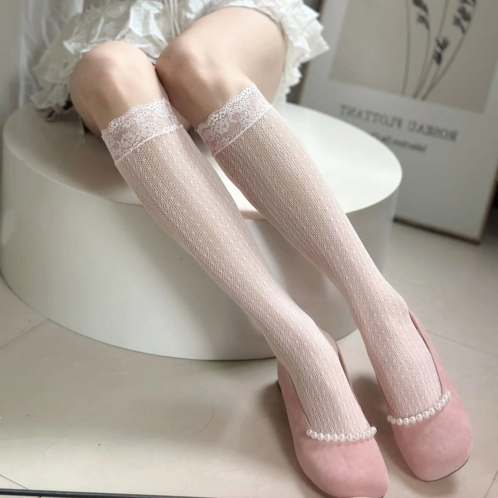 Sheer Lace Knee High Socks for Women, Y2K Coquette Kawaii Mesh Long Tube Socks, Breathable Stretchy Hosiery, 10 Colors to Choose.