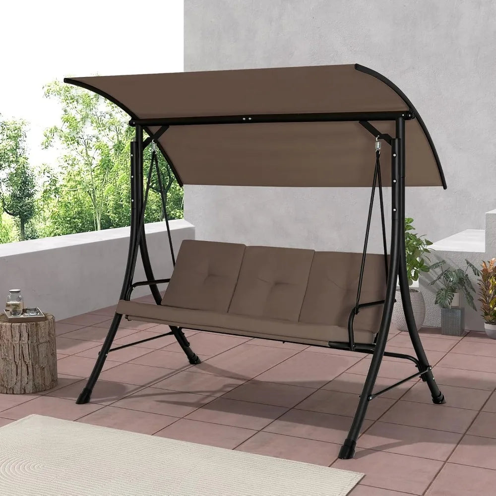 3-Seat Outdoor Porch Swing with Adjustable Canopy, Armrests, Metal Frame and Thickened Cushions for Garden, Poolside & Deck