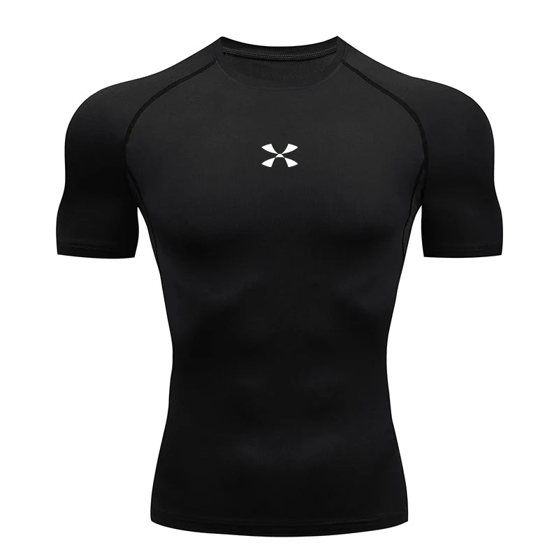 Summer Men Athletic Compression Short Sleeve Running T Shirt Elastic Polyester Quick Dry Gym Workout Fitness Top