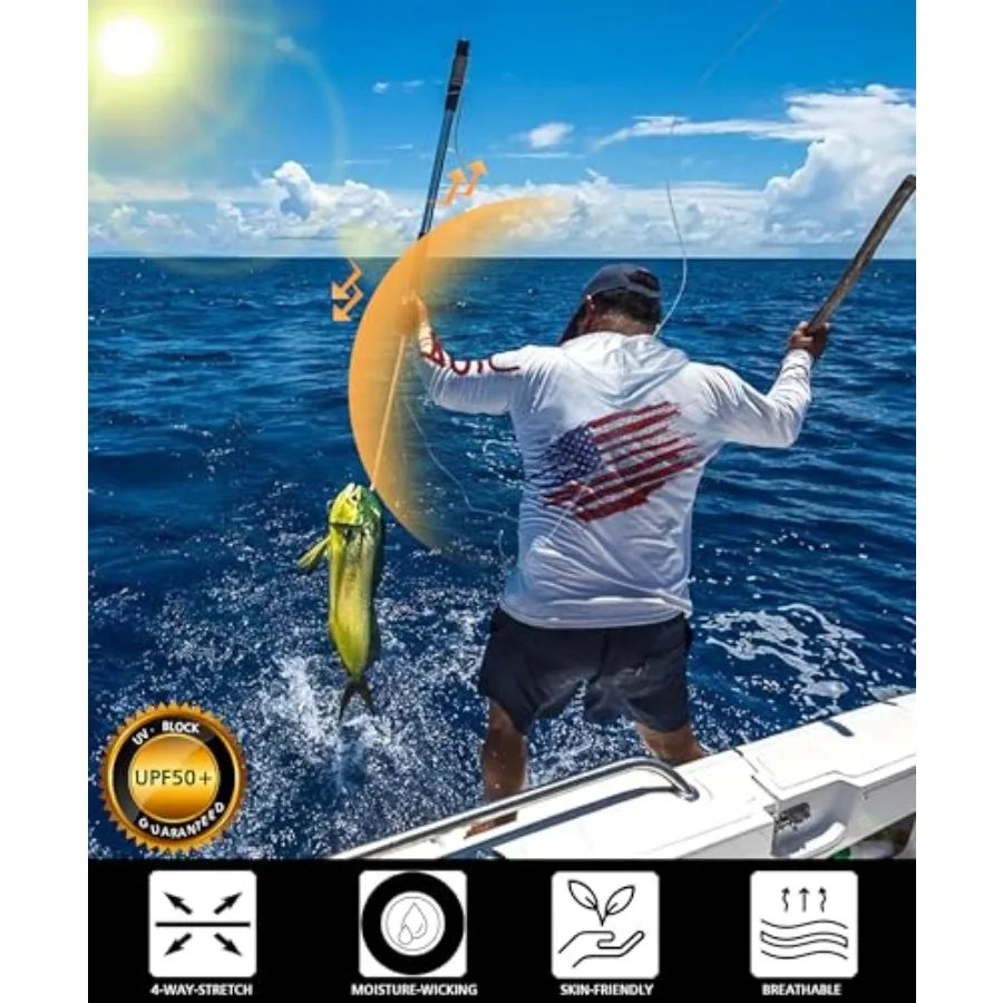 Mens UPF 50+ Fishing Shirts, Sun Protection Hoodie American Flag Long Sleeve UV Hiking Shirt Quick Dry SPF Rash Guard
