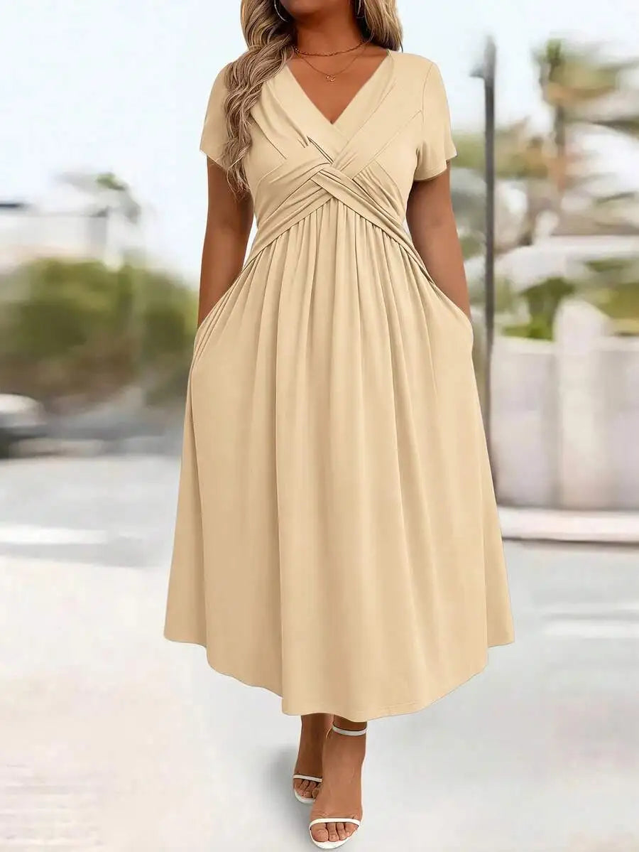 Plus Size Casual Solid V-Neck Cinched Waist A-Line Midi Dress With Pockets For Summer