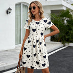 Pocket A-line Midi Dress European American Women Dress Short Sleeve Round Neck Off White Heart Print Casual Spring Summer Outfit