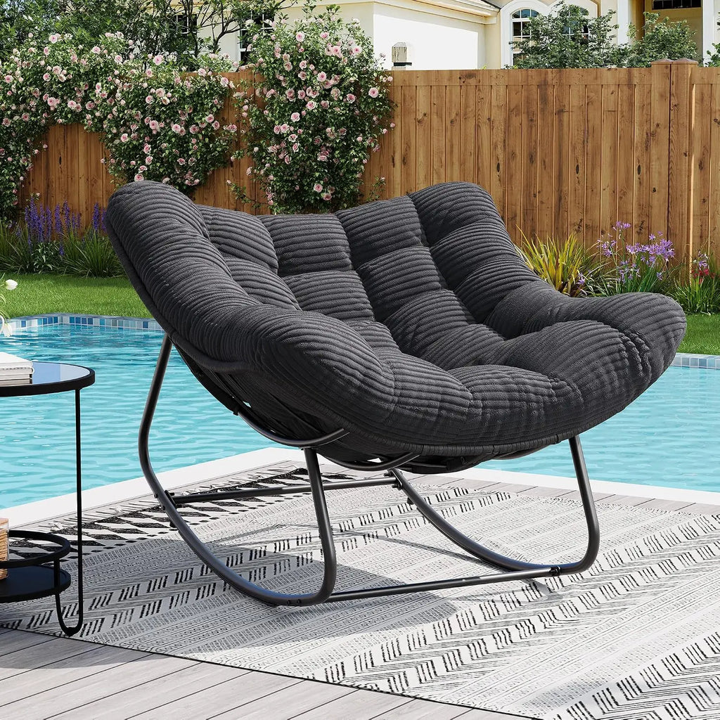 Oversized Outdoor Rocking Chair Metal And PE Rattan Frame With Cushion 400LBS Capacity Gentle 30 Degree Rocking Comfort Ideal For Patio Garden Or Living Room