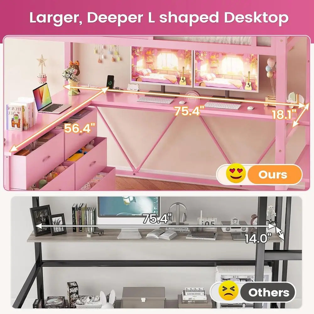 Full-Size Loft Bed with Desk, Storage Stairs, Metal Frame, Hall Tree, LED Lights, Power Outlet for Kids, Teens, Adults in Pink
