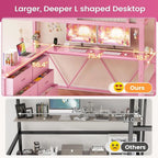 Full-Size Loft Bed with Desk, Storage Stairs, Metal Frame, Hall Tree, LED Lights, Power Outlet for Kids, Teens, Adults in Pink