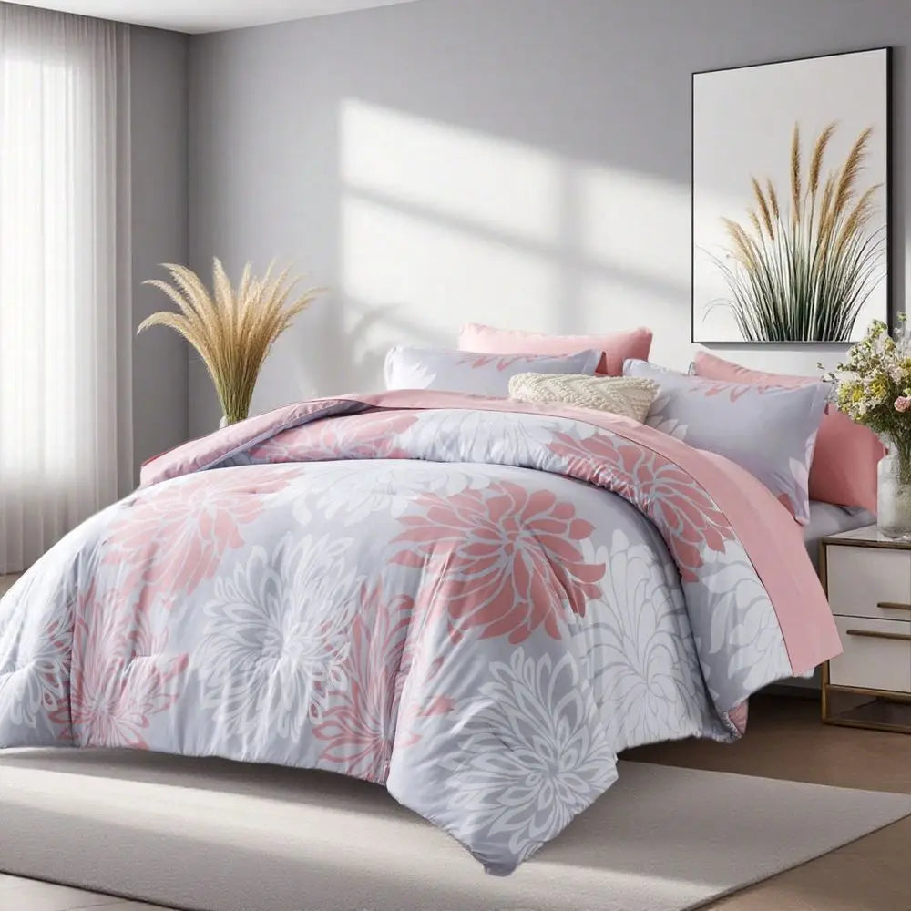 Twin Size Floral Printed Bed In A Bag 5Pcs, Chic Pattern Comforter Set, Ultra Soft Summer Bedding, Practical Bedding for Hotel & Room Decoration
