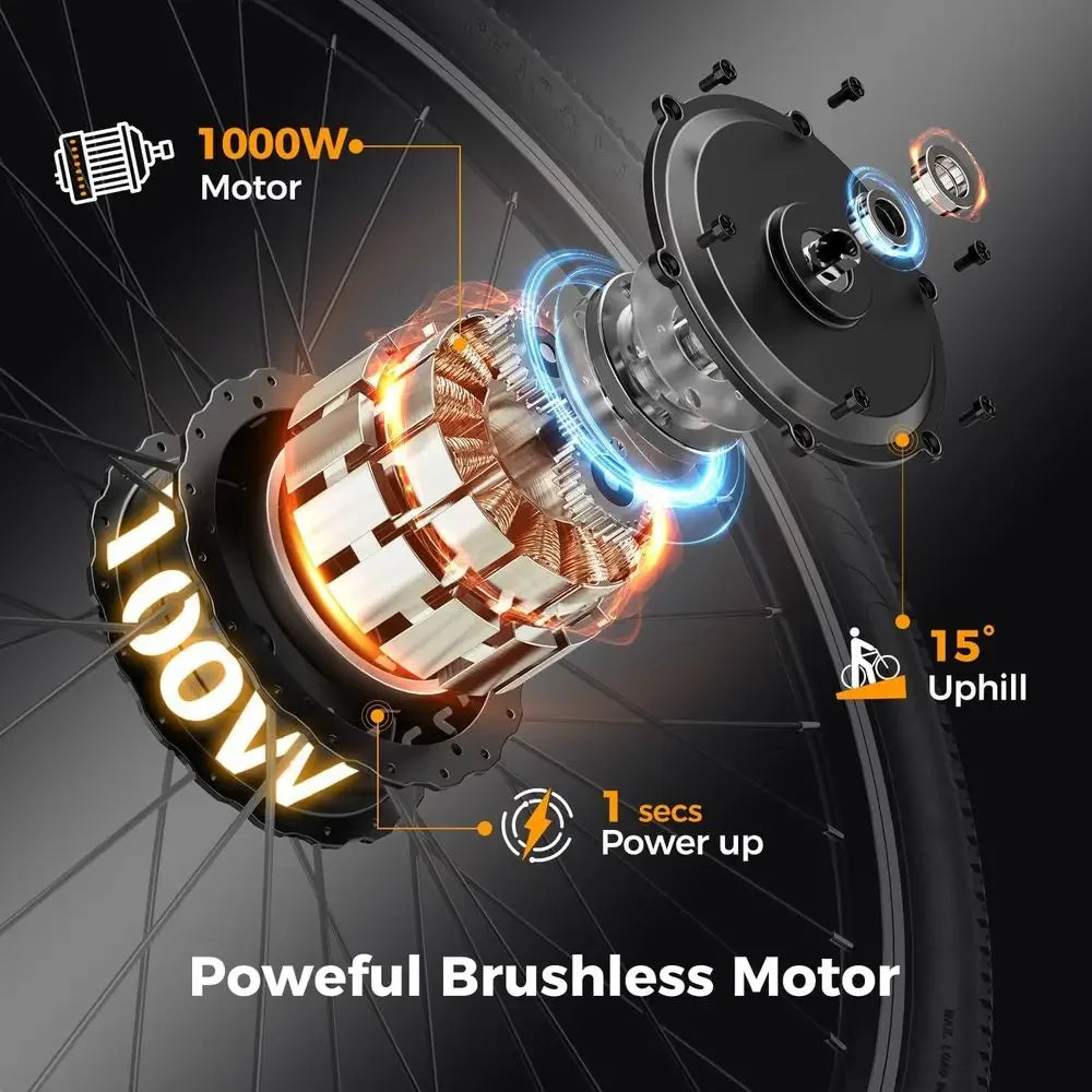 1000W Peak Brushless Motor Electric Mountain Bike, 40 Miles Range, 20MPH, 360Wh Battery, 7-Speed, 26 Tires, Front Suspension