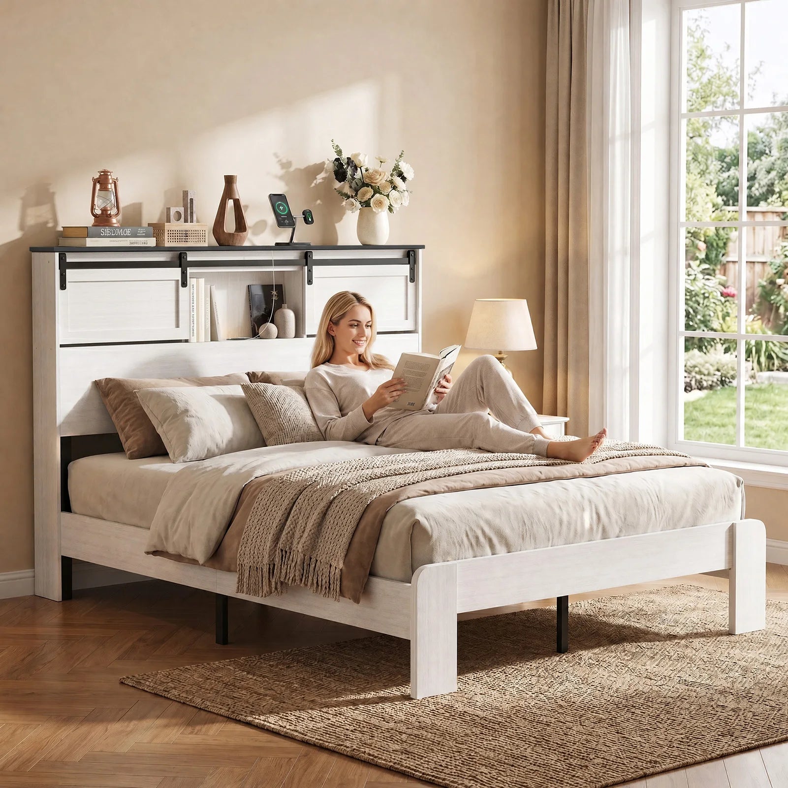 Portable Farmhouse Queen Size Bed Frame with Storage Headboard Barn Door Charging Station Wood Slats No Box Spring Needed White