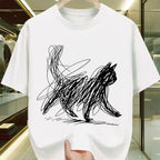 【New Arrival】Minimalist Scribble Cat Abstract Art Graphic T-Shirt, White Cotton Crew Neck Casual Cat Lover Tee