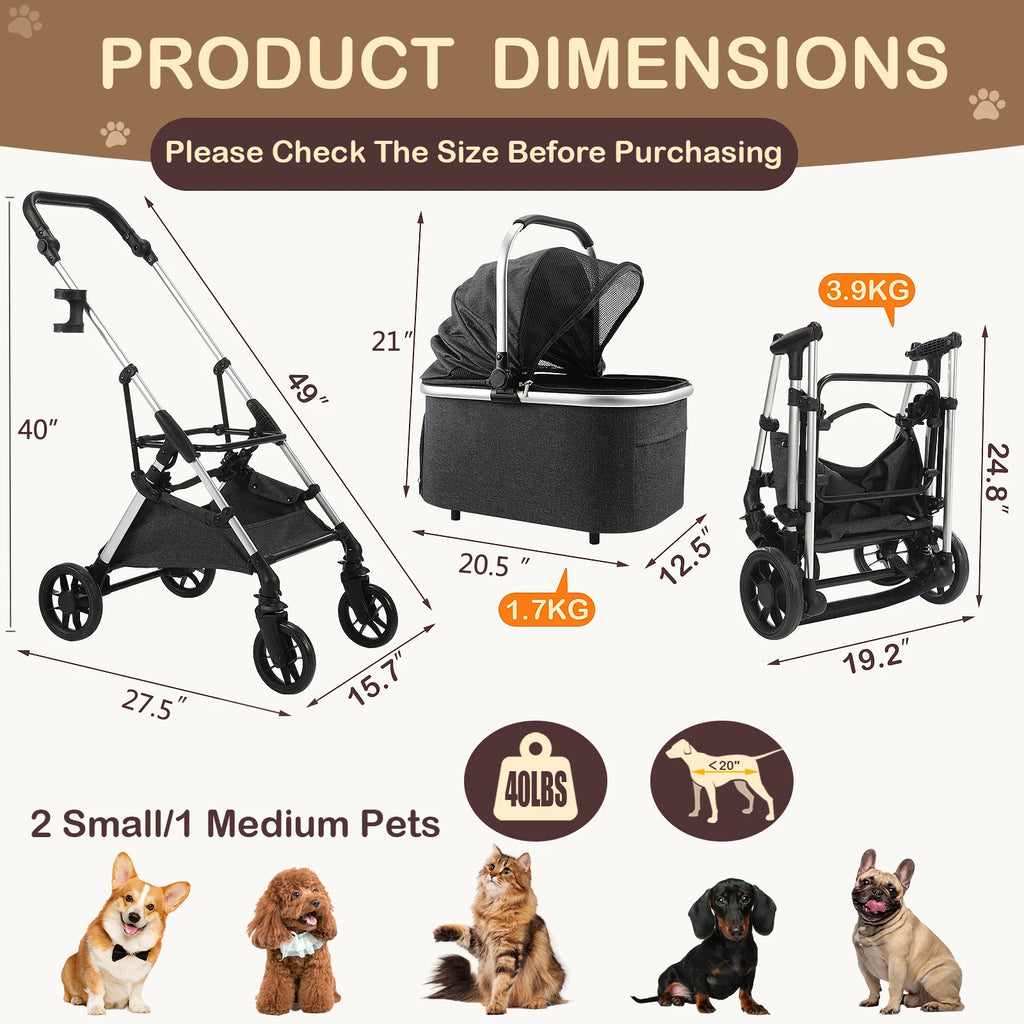 Portable Lightweight Pet Stroller for Medium Dogs - Smooth-Ride 3-in-1 Car Seat Combo with Detachable Carrier Rubber Wheels Quick-Folding for Seniors Cats up to 50 Lbs