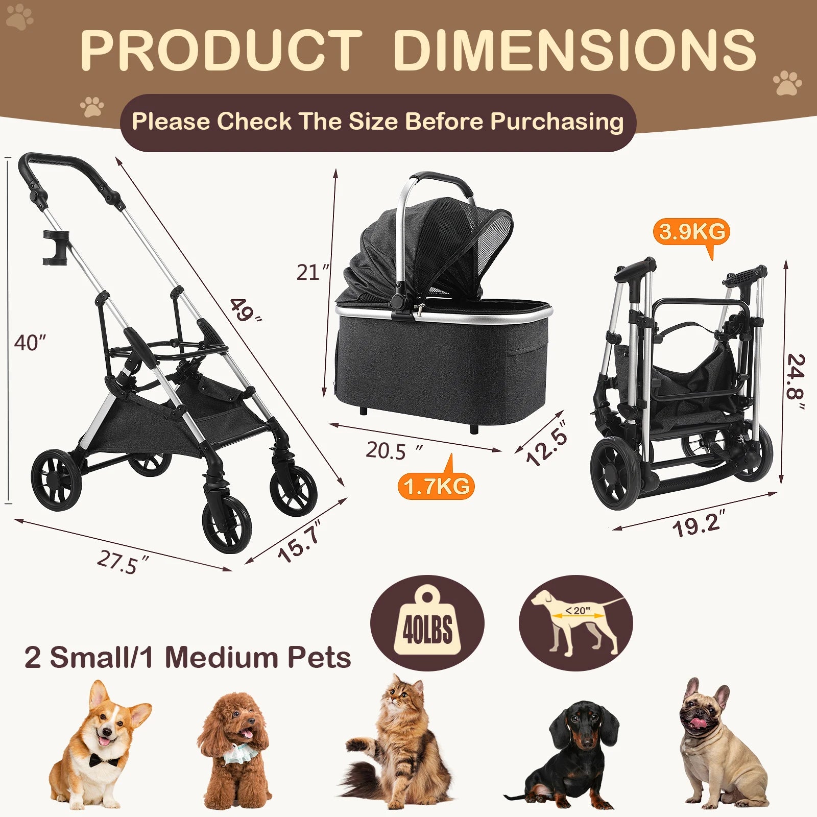 Portable Lightweight Pet Stroller for Medium Dogs - Smooth-Ride 3-in-1 Car Seat Combo with Detachable Carrier Rubber Wheels Quick-Folding for Seniors Cats up to 50 Lbs