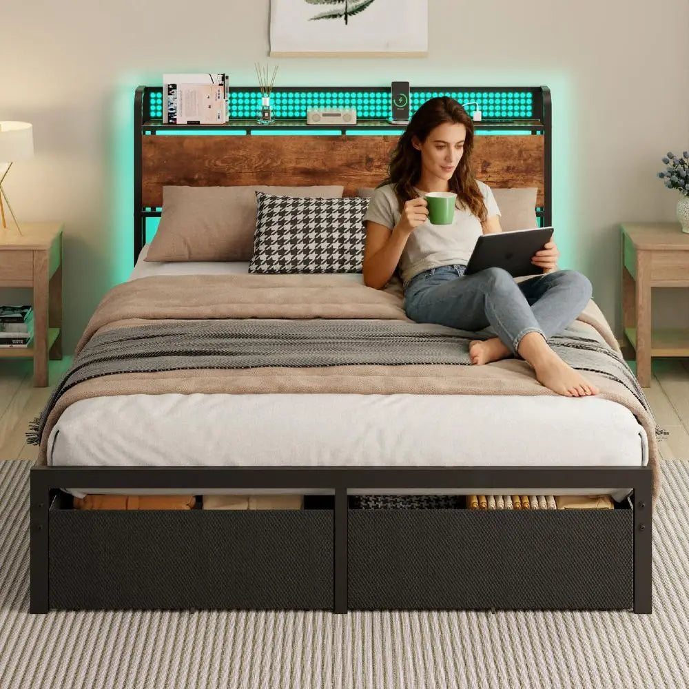 Queen Bed Frame with Headboard Storage, Charging Station, Drawers 1200 lbs Capacity, LED lights, Platform Bed Frame Queen Size,