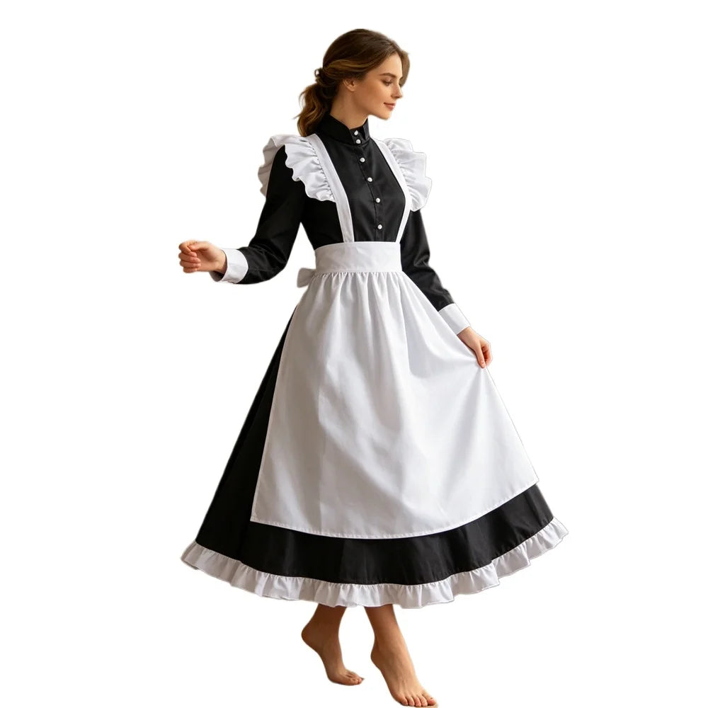 British Housekeeper Maid Costume Women Long Sleeve Button Black Dress White Ruffle Apron Vintage Maid Outfit Restaurant Cafe Uniform