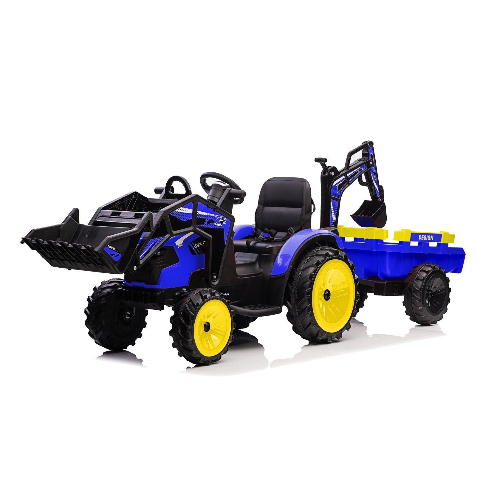 3-in-1 Ride-On Tractor with Excavator and Bulldozer Models — Kids Electric Construction Vehicle with Trailer, Digger, Shovel Bucket, Parent Remote Control, LED Lights, Music & USB, Battery