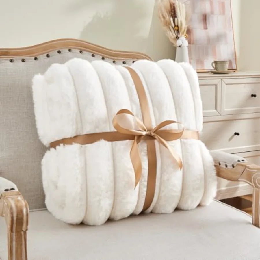 Faux Fur Throw Blanket for Couch, Soft and Cozy Luxurious 3D Striped Fluffy Blanket, 770GSM Thick Warm Plush Fuzzy Faux Rabbit