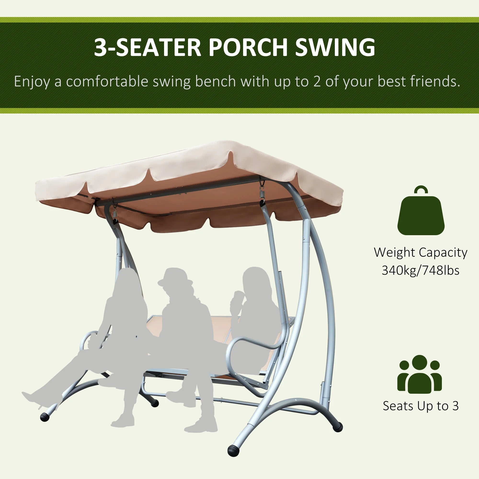 3-Seat Outdoor Porch Swing Chair, Patio Swing Glider with Adjustable Canopy, Breathable Seat, and Steel Frame for Garden, Poolside, Backyard, Beige