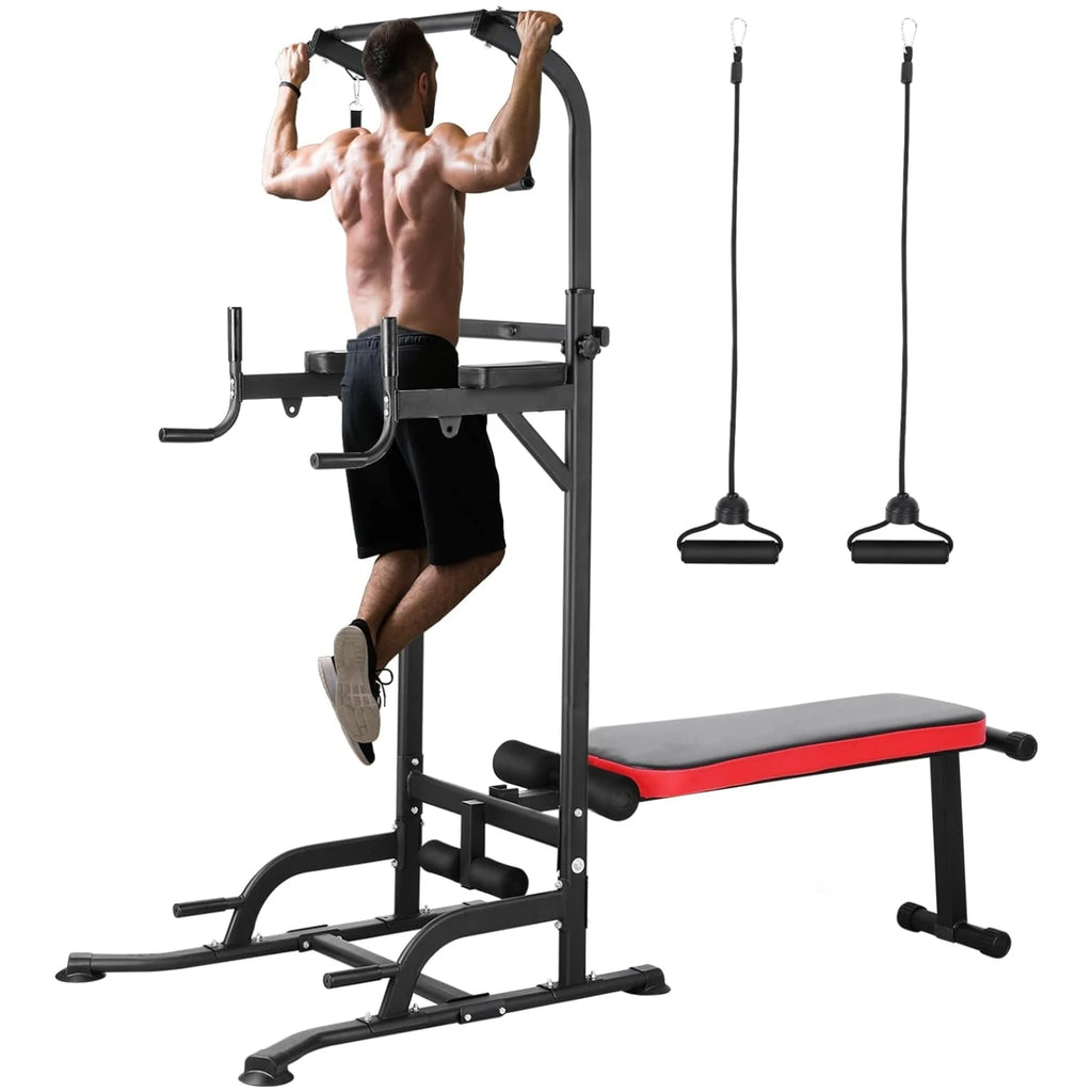 AOOU Power Tower with Bench, Pull Up Bar Stand Dip Station Adjustable Heights W/ Folding Bench