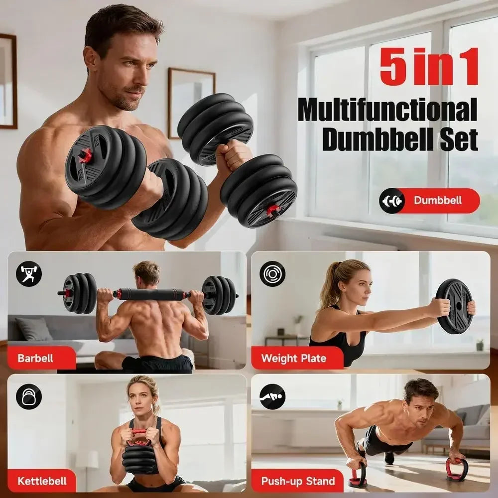 5-in-1 Adjustable Dumbbell Set: 20-90lbs with Double Locknut, Bar, Kettles, Push-up Stand, Plates for Home Gyms
