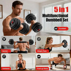 5-in-1 Adjustable Dumbbell Set: 20-90lbs with Double Locknut, Bar, Kettles, Push-up Stand, Plates for Home Gyms