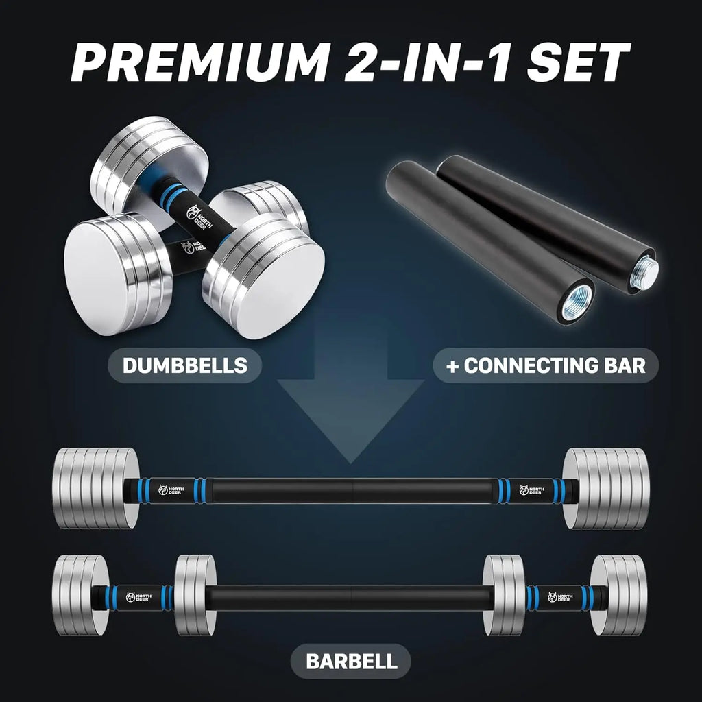 Home Gym Workout - Upgraded Adjustable Steel Dumbbells, Silver, 40LB / 60LB, 2 in 1 Dumbbell Barbell Set