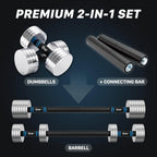 Home Gym Workout - Upgraded Adjustable Steel Dumbbells, Silver, 40LB / 60LB, 2 in 1 Dumbbell Barbell Set
