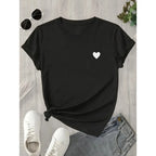 Women's White Sleeve T-Shirt with Black Heart Casual Round Neck Summer Aesthetics Short Sleeved Harajuku Streetwear Y2k Tops Te