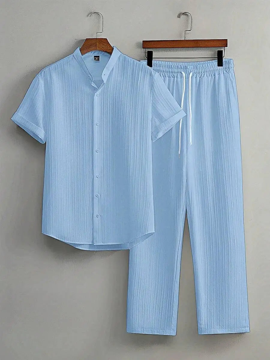 Mens Summer Solid Color Short Sleeve Stand Collar Shirt And Elastic Drawstring Pants Casual Co-ords Set