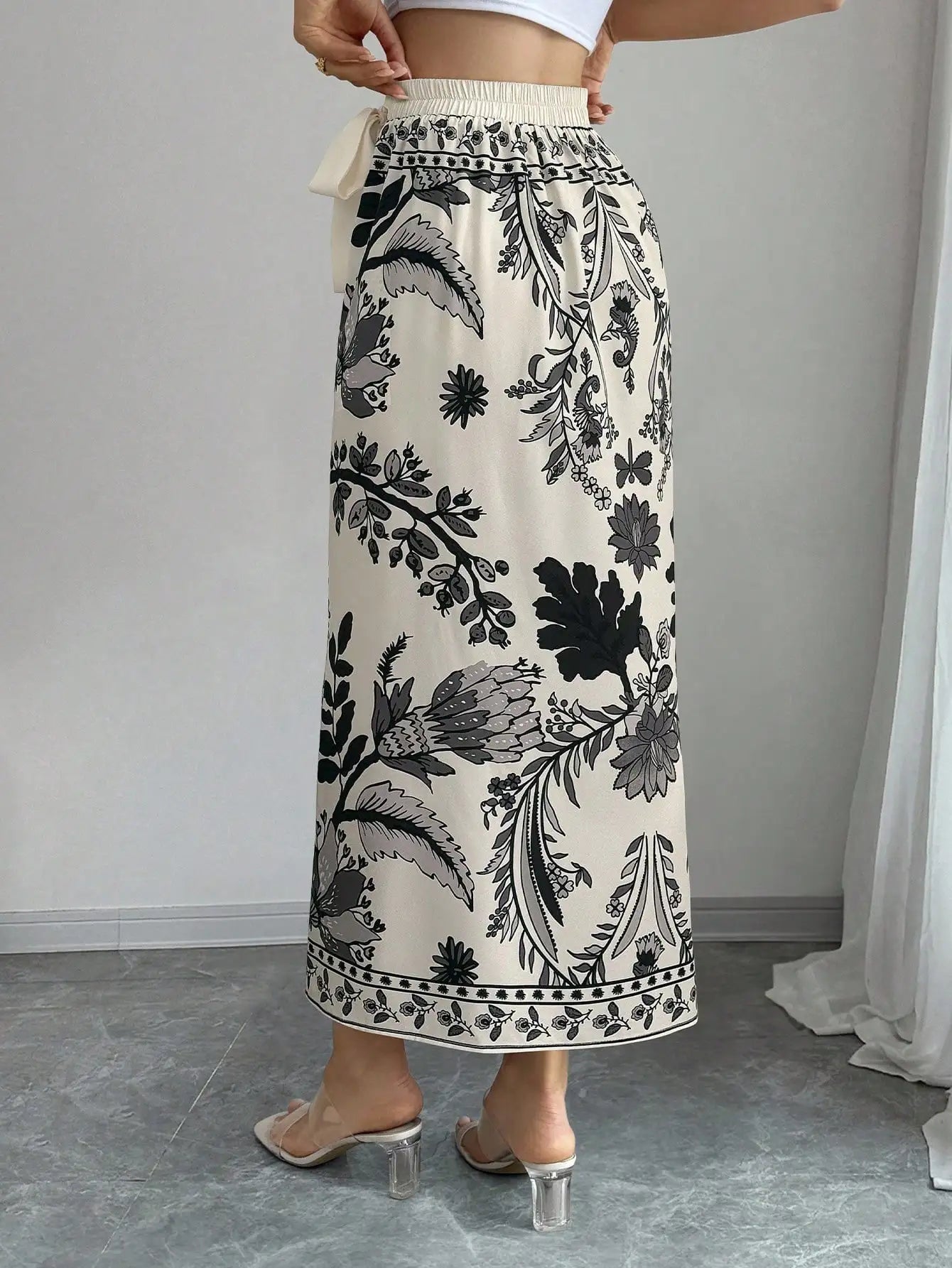 Elenzga Women's Elegant Floral Print Wrap Tie Straight Skirt, Vacation Style