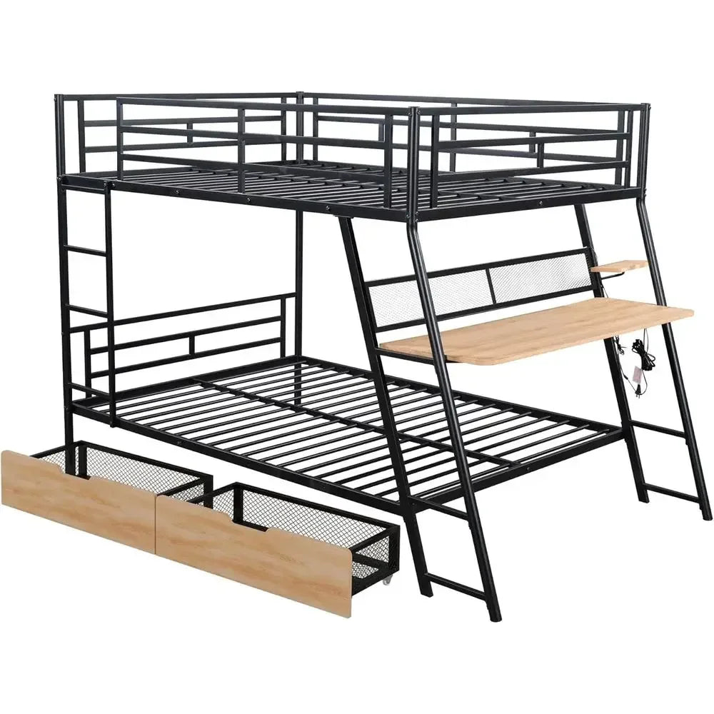 Double Deck Bunk Bed with Integrated Desk, Lights, and Storage Drawers, No Box Spring Needed, Black
