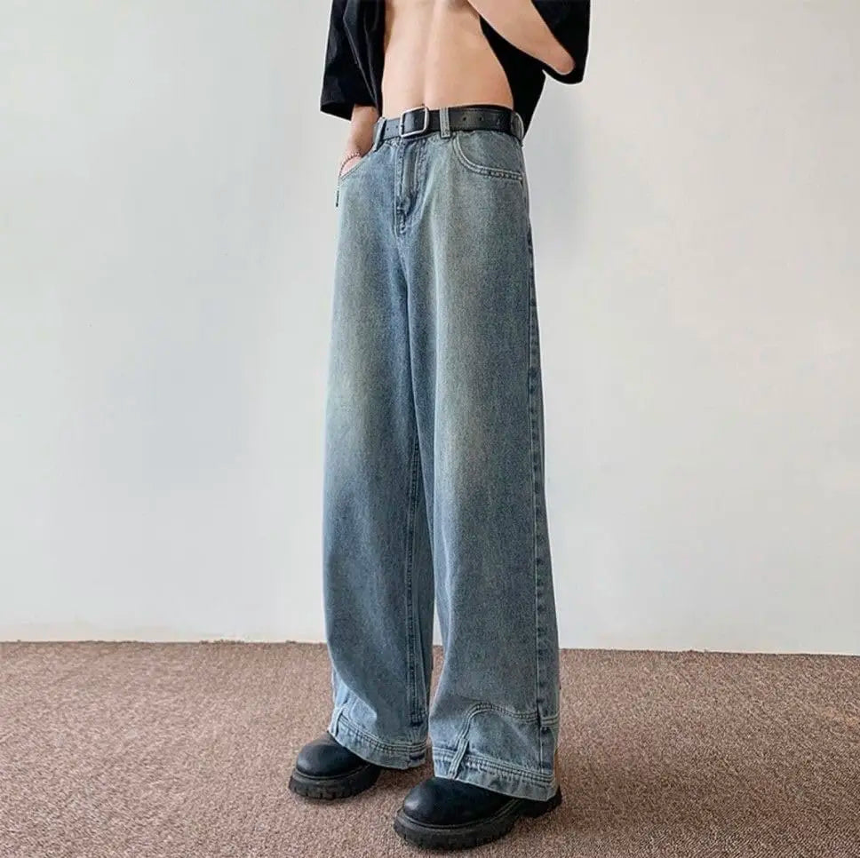 Men's Light Vintage Wash Baggy Wide Leg Jeans Knee Patch Detail Street Style Loose Fit Daily Casual Going Out Hip Hop Denim Trousers
