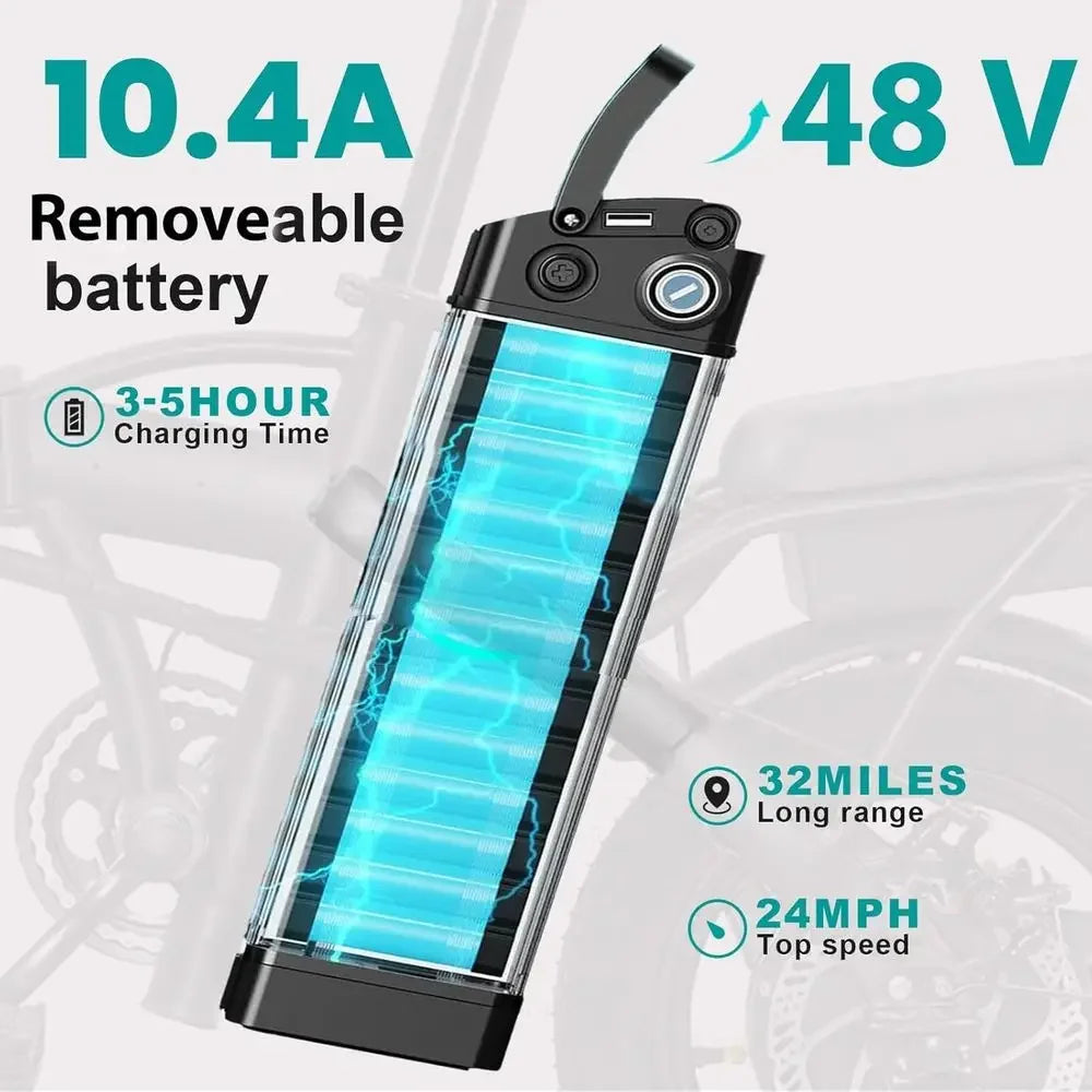 Compact 560-740W Electric Bike for Adults and Teens, 20-25MPH Speed, 32-Mile Range, 48V 10Ah Battery, 3-Level Assist, UL 2849 Ce